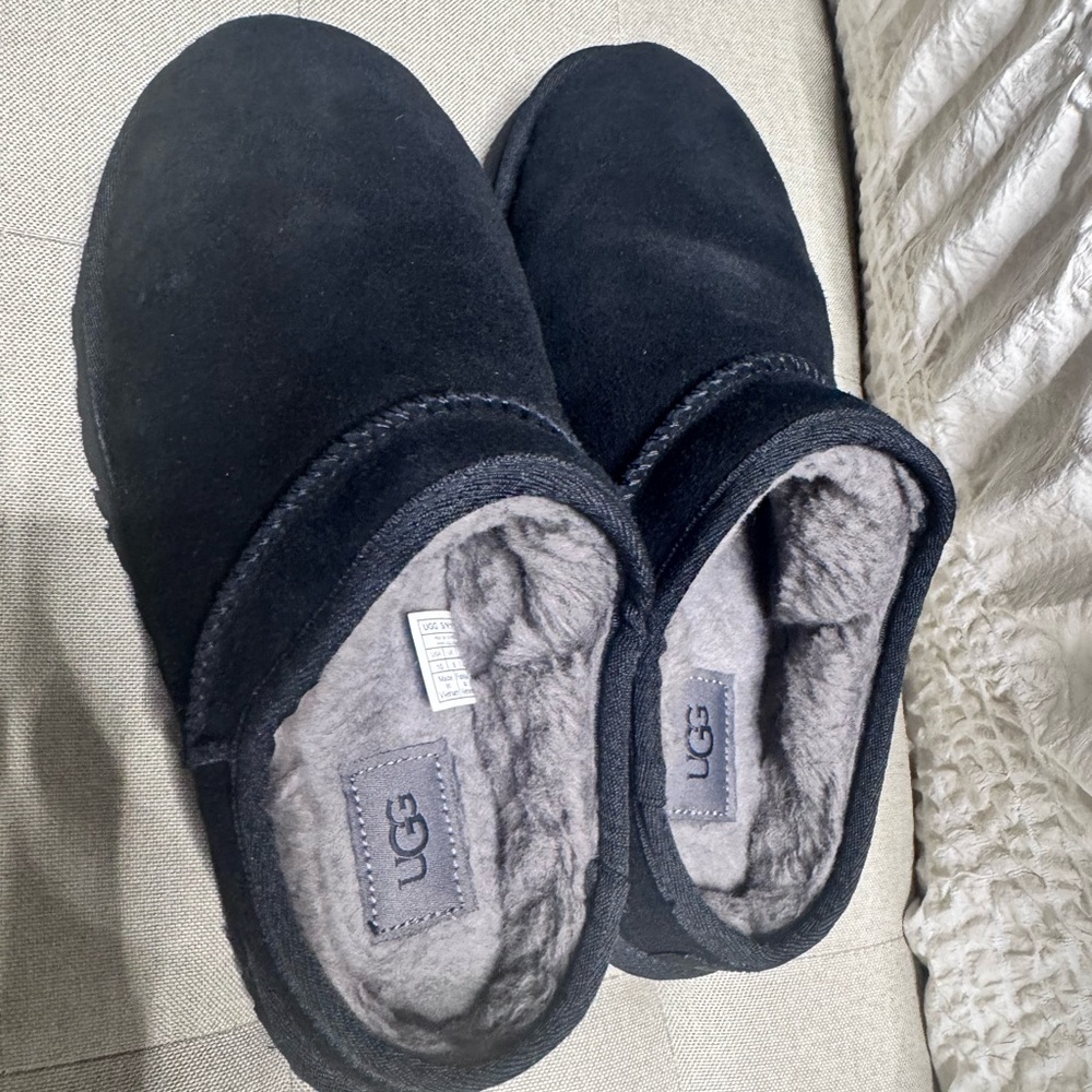 UGG Gray and Black Plush Slippers